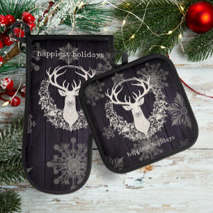 Rustic Watercolor White Reindeer Purple Oven Mitt & Pot Holder Set