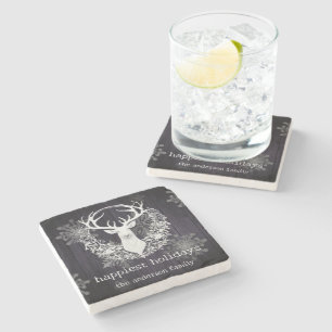 Rustic Watercolor White Reindeer Purple Stone Coaster