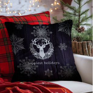 Rustic Watercolor White Reindeer Purple Throw Pillow