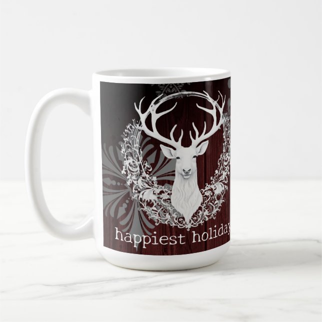 Rustic Watercolor White Reindeer | Red Coffee Mug (Left)