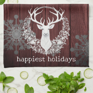 Rustic Watercolor White Reindeer Red Kitchen Towel