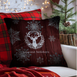 Rustic Watercolor White Reindeer Red Throw Pillow