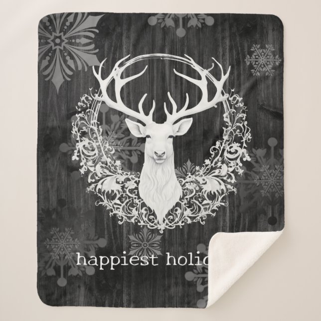 Rustic Watercolor White Reindeer Sherpa Blanket (Front)