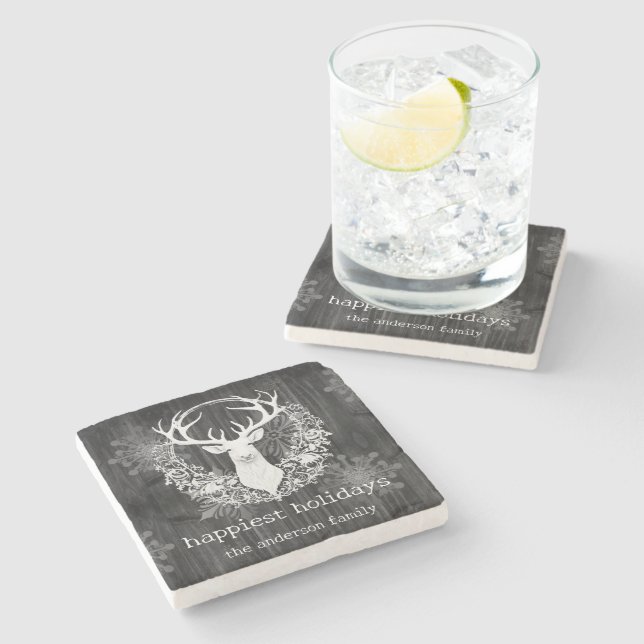 Rustic Watercolor White Reindeer Stone Coaster (Side)
