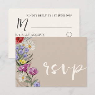 Rustic Watercolor Wild Flower & Beige Wedding RSVP Card