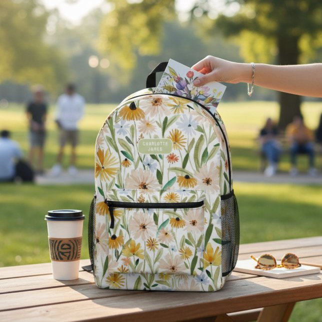 Rustic Watercolor Wild Flowers Personalized Name Printed Backpack (Creator Uploaded)