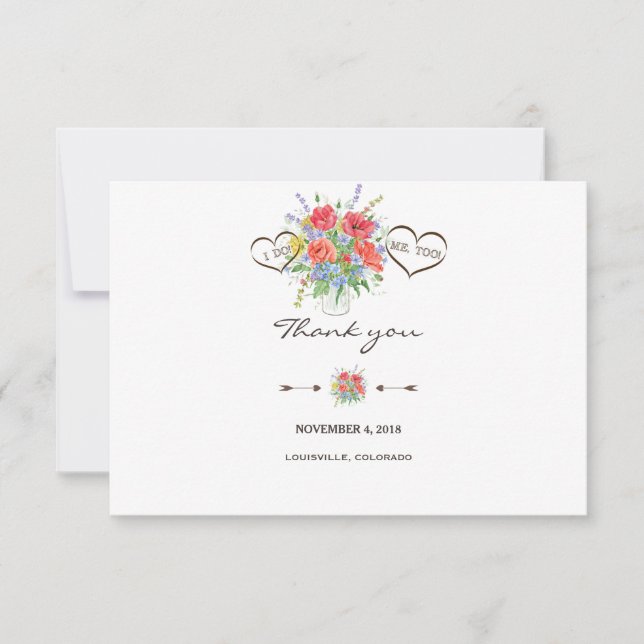 Rustic Watercolor Wild Flowers Wedding Thank You Card (Front)