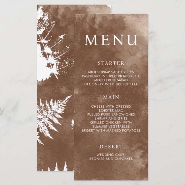 Rustic Watercolor Wild Greenery Fern Wedding Menu (Front/Back)