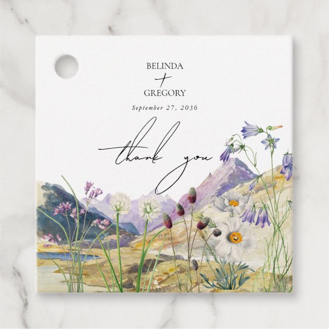 Rustic Watercolor Wildflower Mountain Wedding Favour Tags (Front)