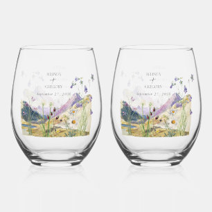 Rustic Watercolor Wildflower Mountain Wedding Stemless Wine Glass