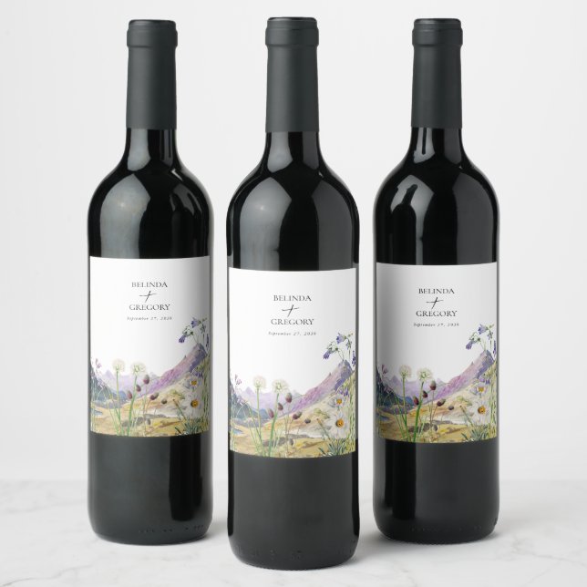 Rustic Watercolor Wildflower Mountain Wedding Wine Label (Bottles)