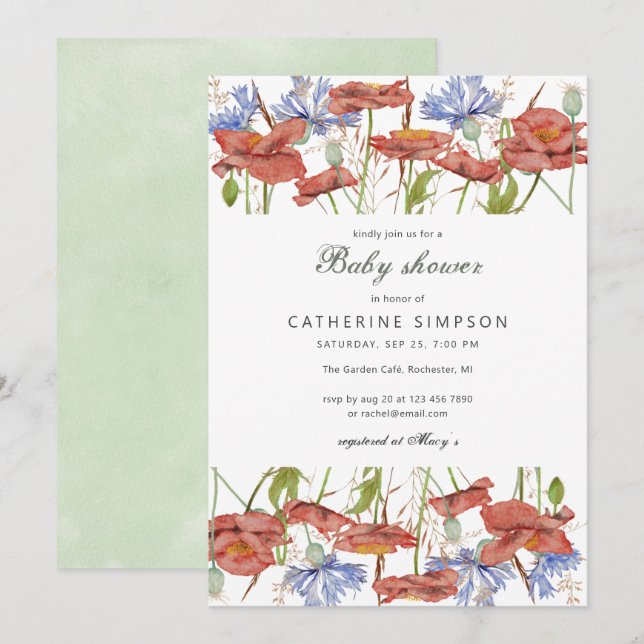 Rustic watercolor wildflowers baby shower invitation (Front/Back)