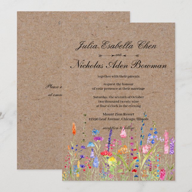 Rustic Watercolor Wildflowers Floral Wedding Invitation (Front/Back)