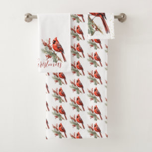 Rustic Watercolor Winter Cardinal Holly Branch Bath Towel Set