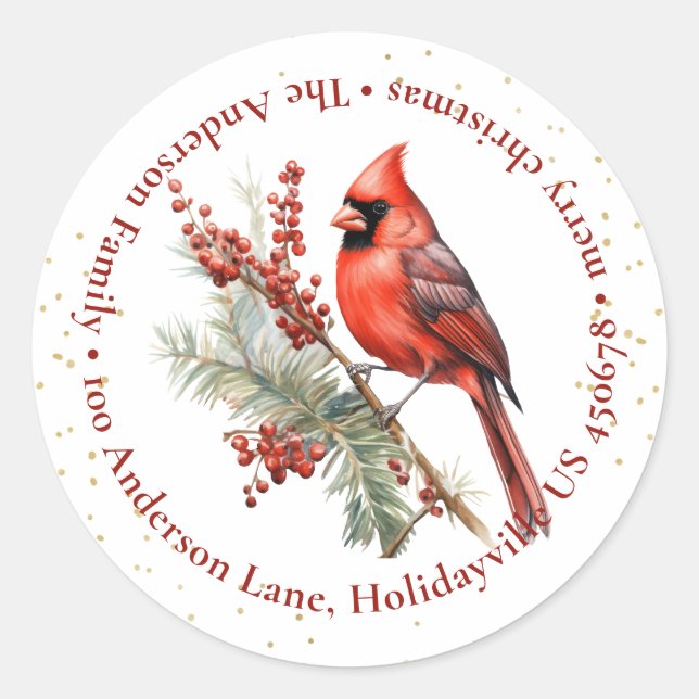 Rustic Watercolor Winter Cardinal Holly Branch Classic Round Sticker (Front)