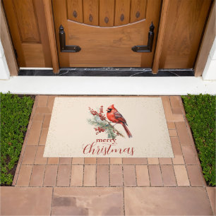 Rustic Watercolor Winter Cardinal Holly Branch Doormat