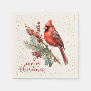 Rustic Watercolor Winter Cardinal Holly Branch Napkin