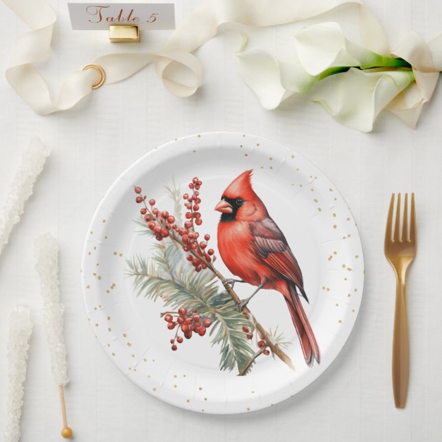 Rustic Watercolor Winter Cardinal Holly Branch Paper Plate (Wedding)
