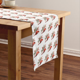 Rustic Watercolor Winter Cardinal Holly Branch Short Table Runner