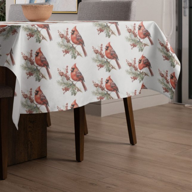Rustic Watercolor Winter Cardinal Holly Branch Tablecloth (Creator Uploaded)