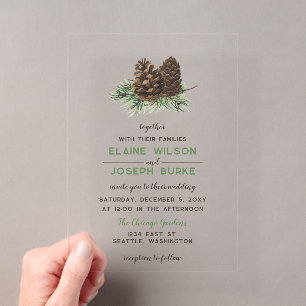 Rustic Watercolor Winter Forest Pine Cone Wedding Acrylic Invitations