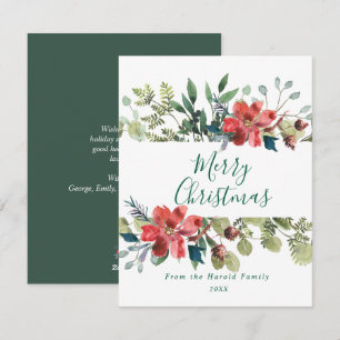 Rustic Watercolor Winter Greenery with Red Flowers Holiday Card