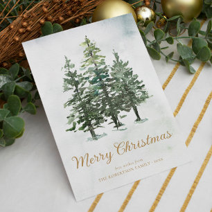 Rustic Watercolor Winter Pine Forest Christmas Holiday Card