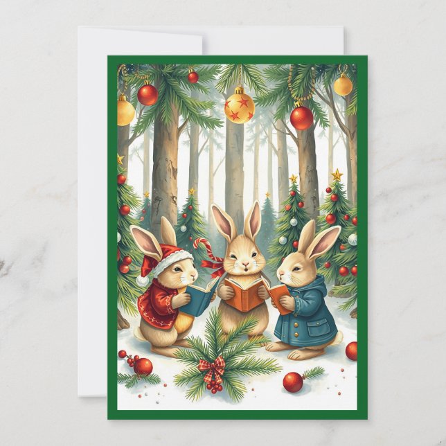 Rustic Watercolor Winter Pine Trees Caroling  Holiday Card (Front)