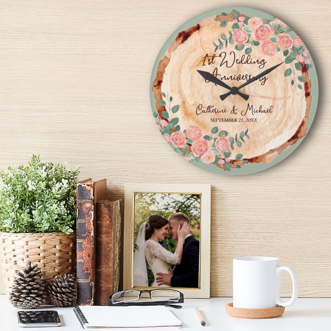 Rustic Watercolor Wood Slice Sage Green  Large Clock (Creator Uploaded)