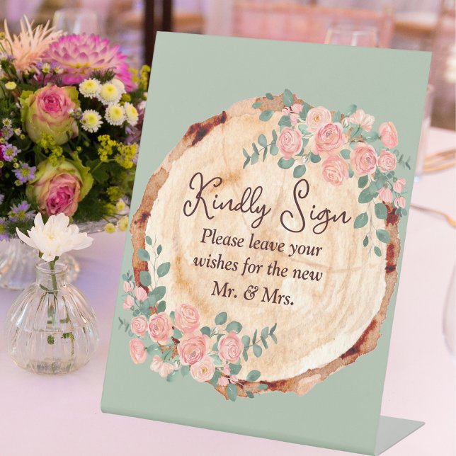 Rustic Watercolor Wood Slice Sage Green  Pedestal Sign (Creator Uploaded)