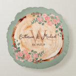 Rustic Watercolor Wood Slice Sage Green  Round Pillow<br><div class="desc">Introducing our Rustic Wood Slice Wedding design, perfect for your whimsical floral garden wedding or rustic country barn lush greenery celebration. Our design features a round pine wood slice with rustic tree bark edges which add a touch of elegance to the earthy botanical feel. The romantic dusty rose blush pink...</div>