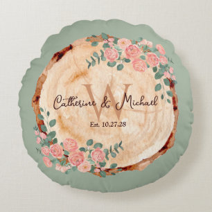 Rustic Watercolor Wood Slice Sage Green  Round Pillow