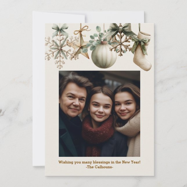 Rustic Watercolor Wood Snowflake Christmas Photo Holiday Card (Front)