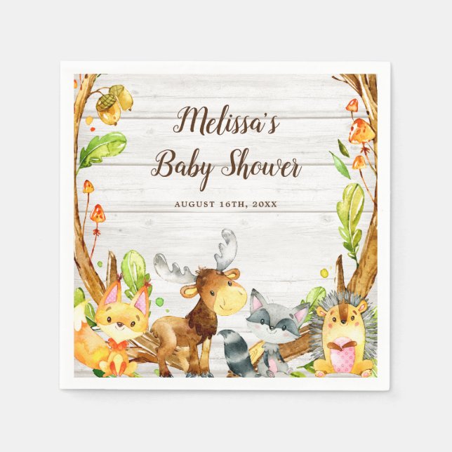 Rustic Watercolor Woodland Animals Baby Shower Napkin (Front)