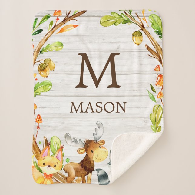 Rustic Watercolor Woodland Animals Personalized Sherpa Blanket (Front)