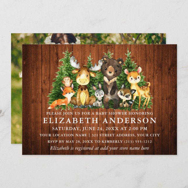 Rustic Watercolor Woodland Animals Shower Photo Invitation (Front/Back)