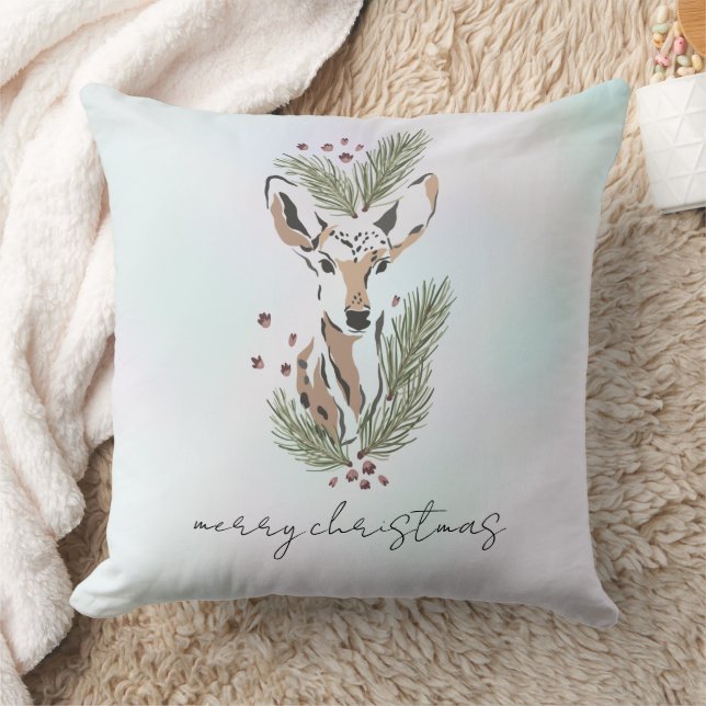 Rustic Watercolor Woodland Deer Holiday Accent Throw Pillow (Blanket)