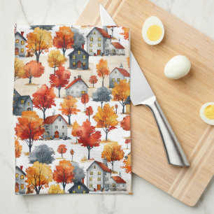 Rustic Watercolor woodland Village Pattern Kitchen Towel