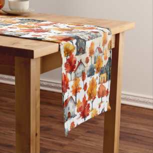 Rustic Watercolor woodland Village Pattern Short Table Runner