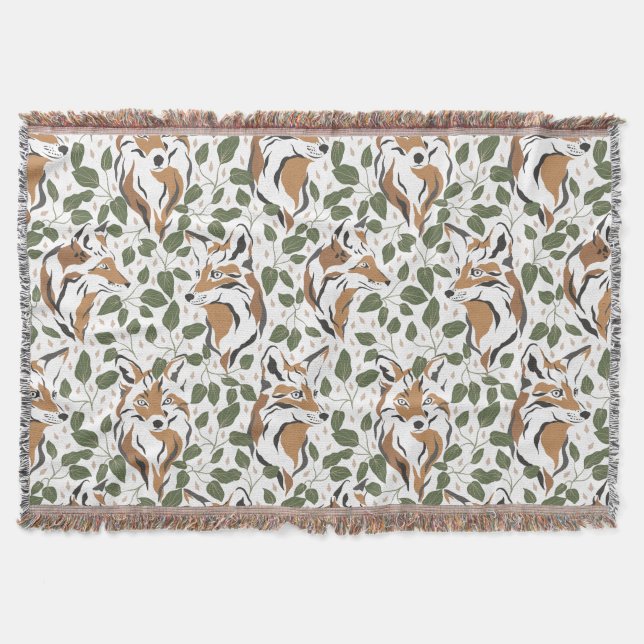Rustic Watercolor Woodlands Fox Pattern Throw Blanket (Front)