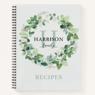 Rustic Watercolor Wreath Monogram Family Recipe Notebook