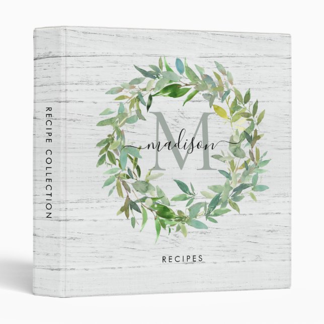 Rustic Watercolor Wreath Monogram Kitchen Recipe Binder (Front/Spine)