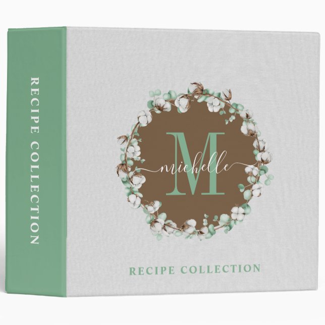 Rustic Watercolor Wreath Monogram Kitchen Recipe   Binder (Front/Spine)