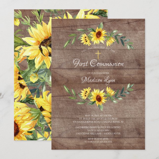Rustic Watercolor Yellow Sunflower First Communion Invitation (Front/Back)