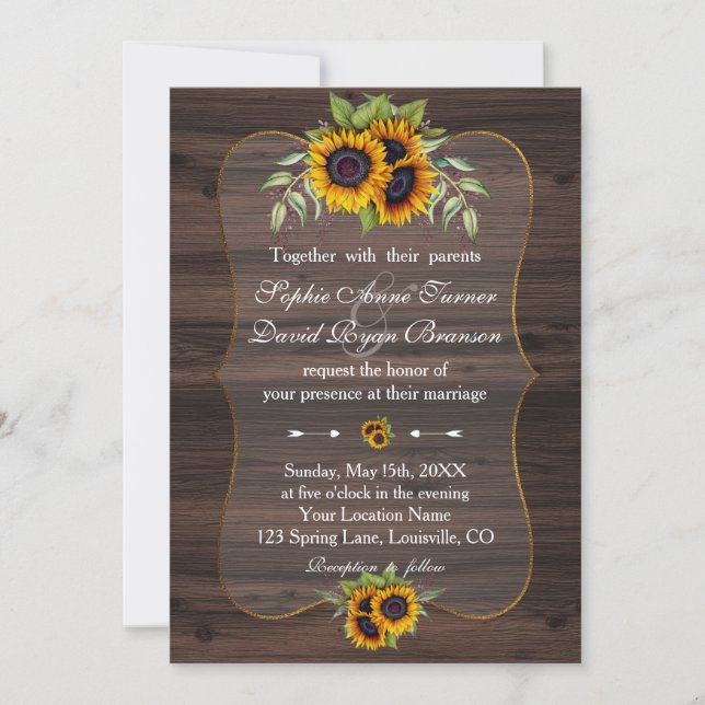 Rustic Watercolour Sunflowers Wood Wedding Invitation (Front)