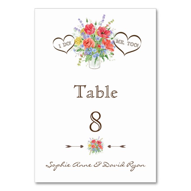 Rustic Watercolour Wild Flowers Table Number (Front)