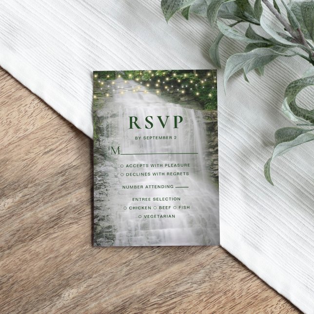 Rustic Waterfall String Lights Wedding RSVP Card (Creator Uploaded)