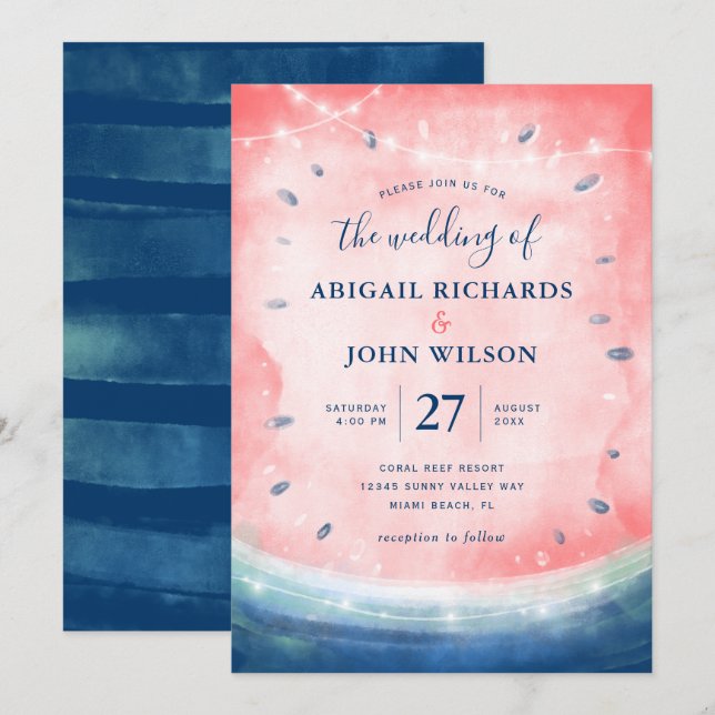 Rustic Watermelon Navy Pink Elegant Summer Wedding Invitation (Front/Back)