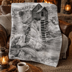 Rustic Watermill Landscape Monochrome Grey Colours Fleece Blanket