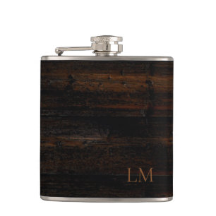 Rustic Weathered Black Brown Wood Wedding Monogram Hip Flask